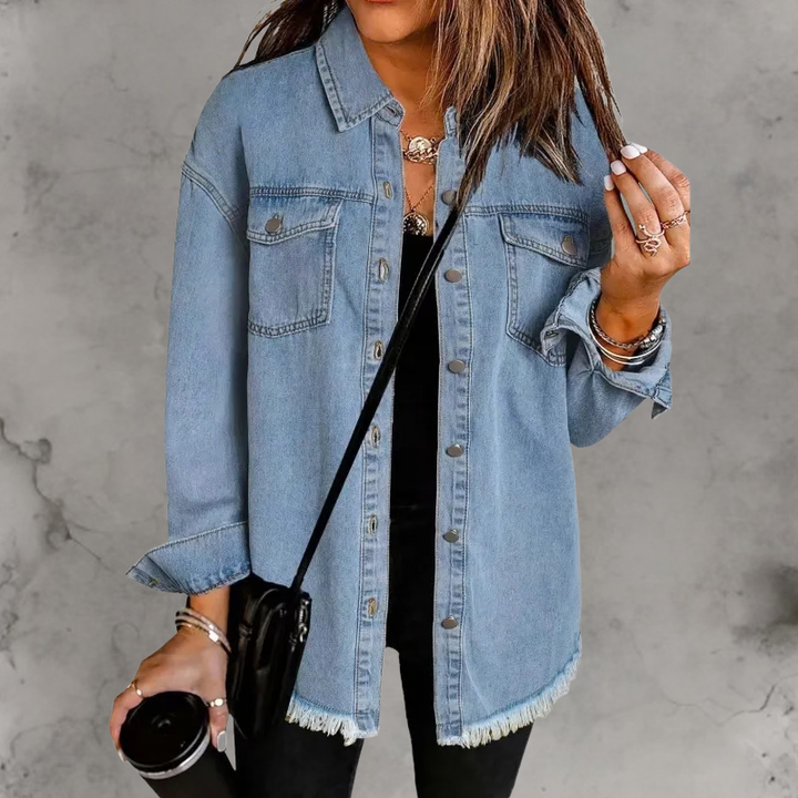 Aoife | Oversized Denim Shacket with Frayed Hem and Chest Pockets