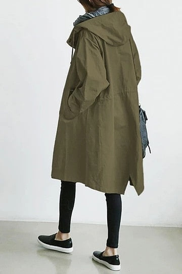 Alayna | Women's Hooded Long Trench Coat with Drawstring High Collar