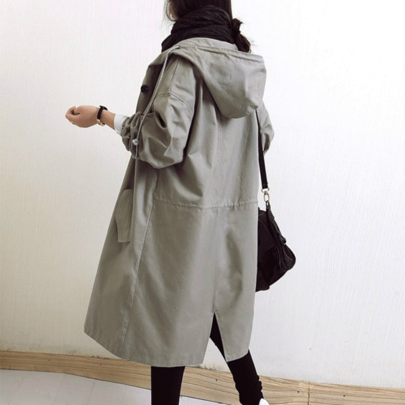 Alayna | Women's Hooded Long Trench Coat with Drawstring High Collar