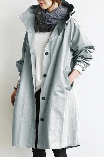 Alayna | Women's Hooded Long Trench Coat with Drawstring High Collar