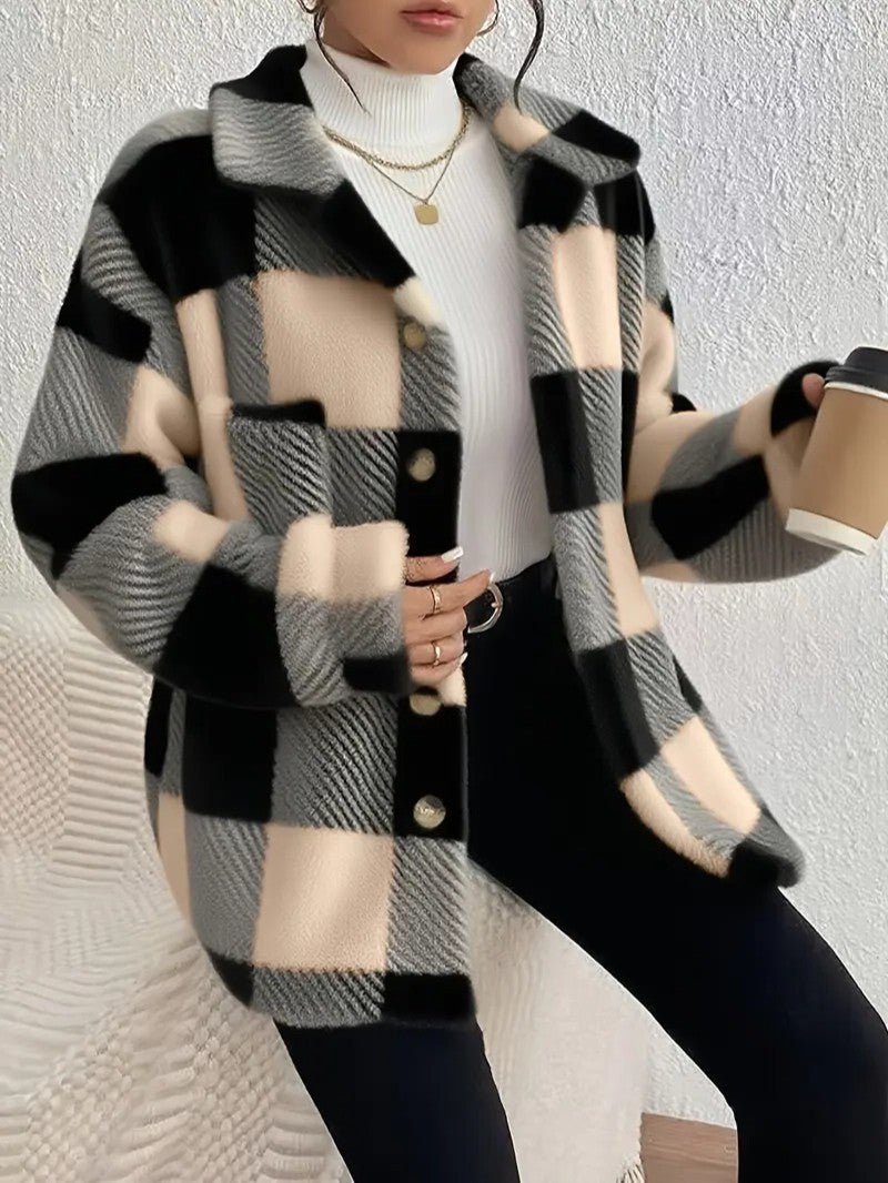 Kenzie | Plush Check Shacket with Gold Button Closure