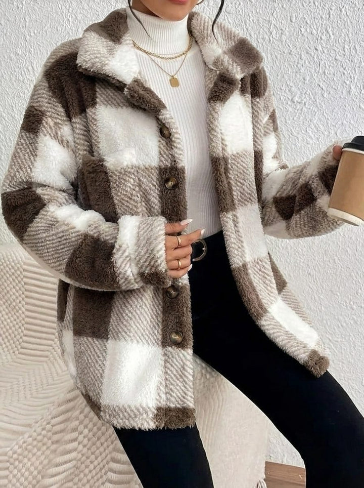 Kenzie | Plush Check Shacket with Gold Button Closure