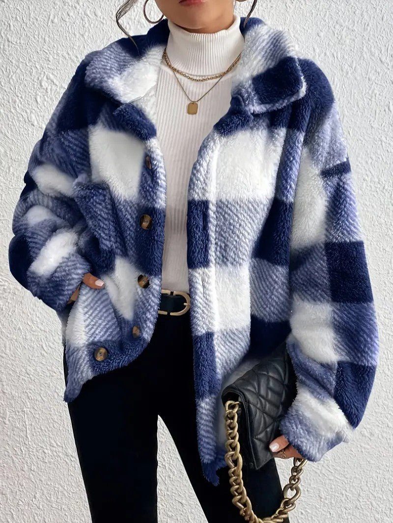 Kenzie | Plush Check Shacket with Gold Button Closure