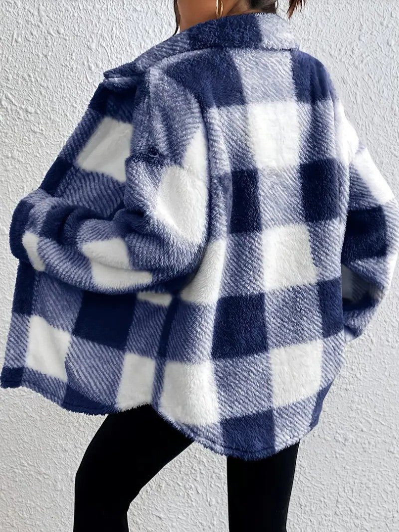 Kenzie | Plush Check Shacket with Gold Button Closure