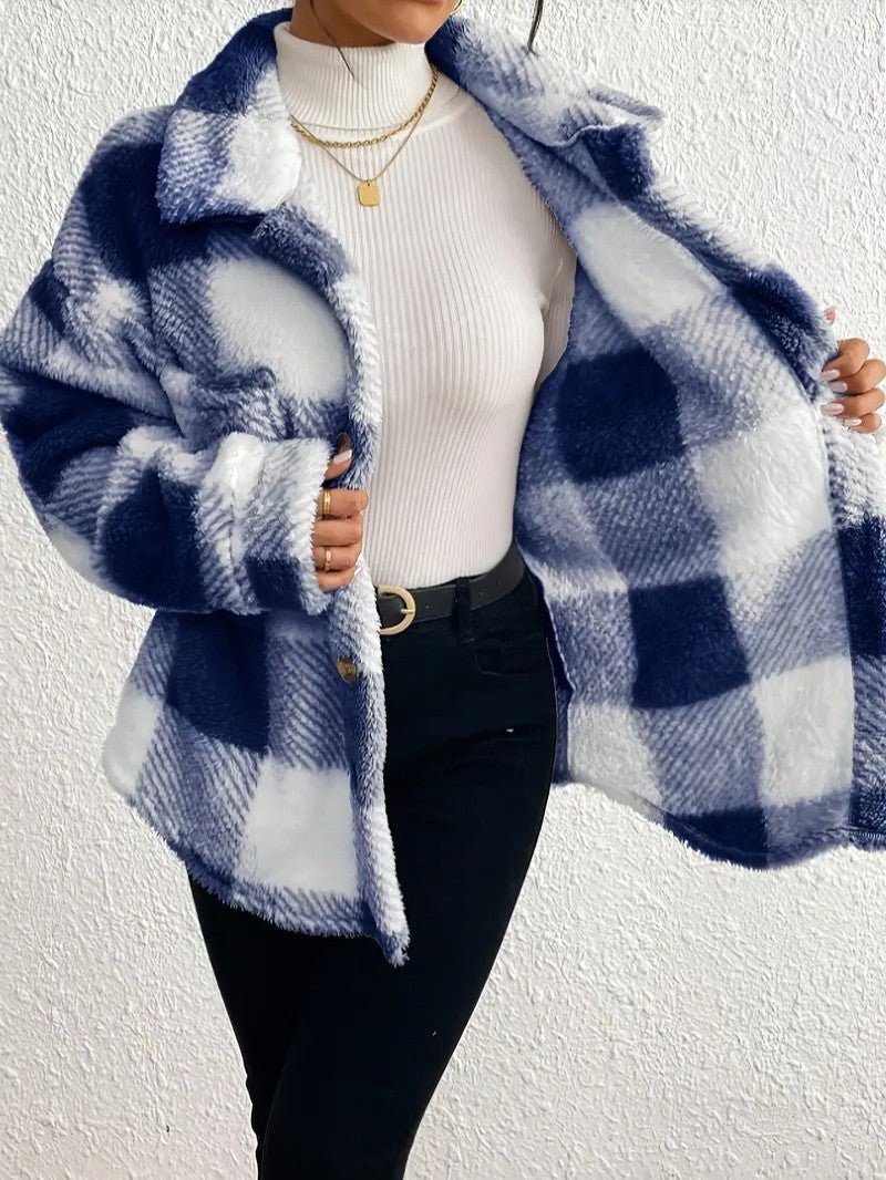 Kenzie | Plush Check Shacket with Gold Button Closure