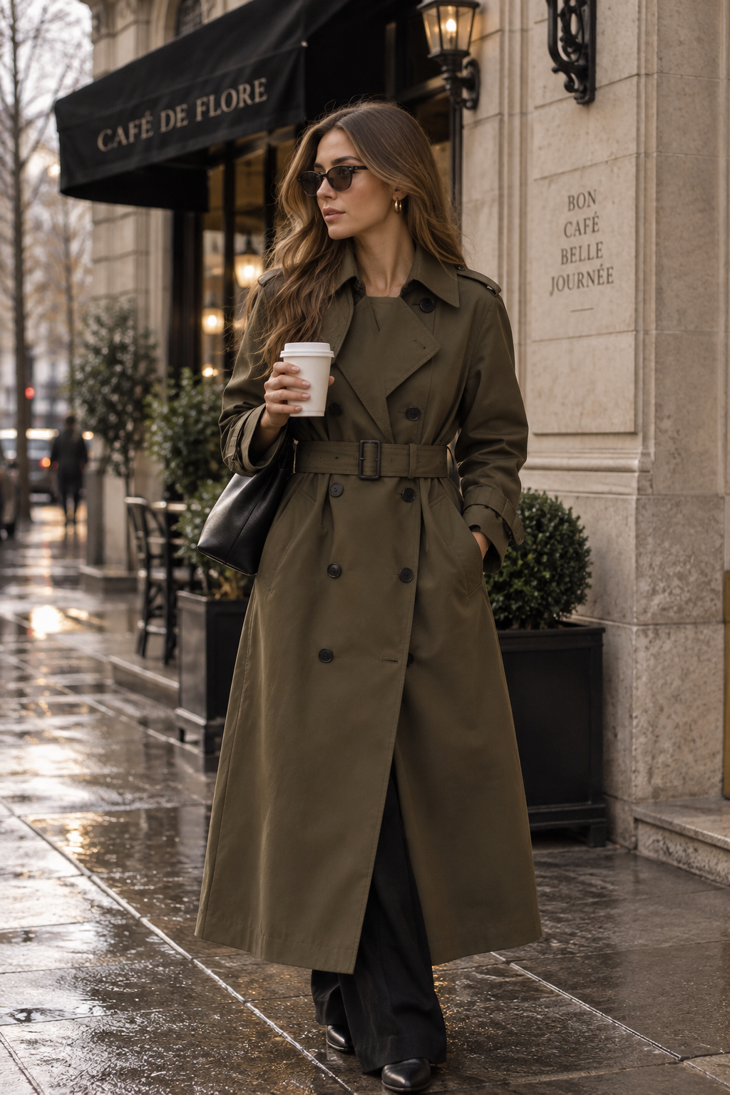 Valery | Polished Double Breasted Long Trench Coat with Belted Waist