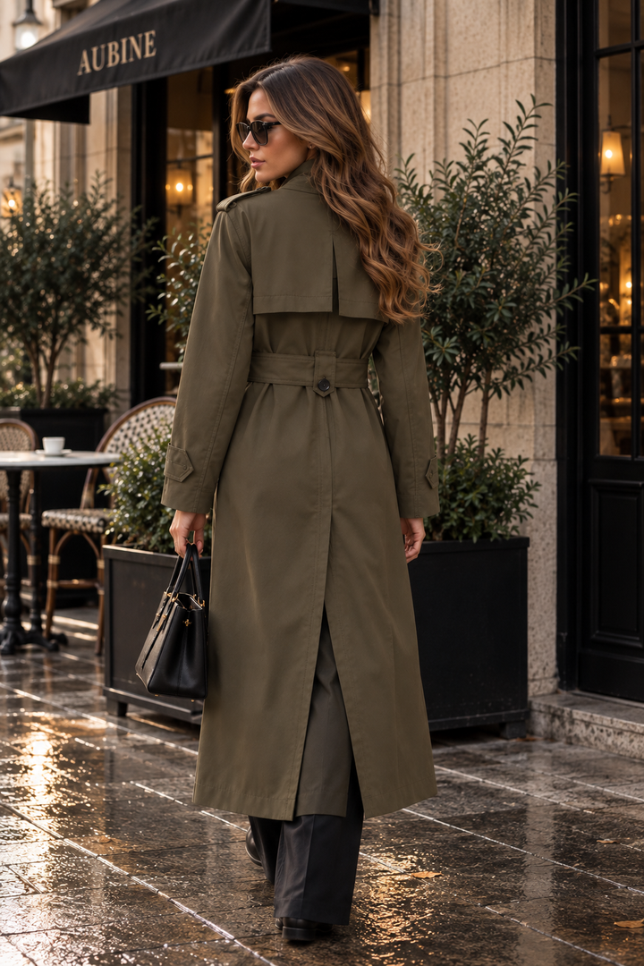 Valery | Polished Double Breasted Long Trench Coat with Belted Waist