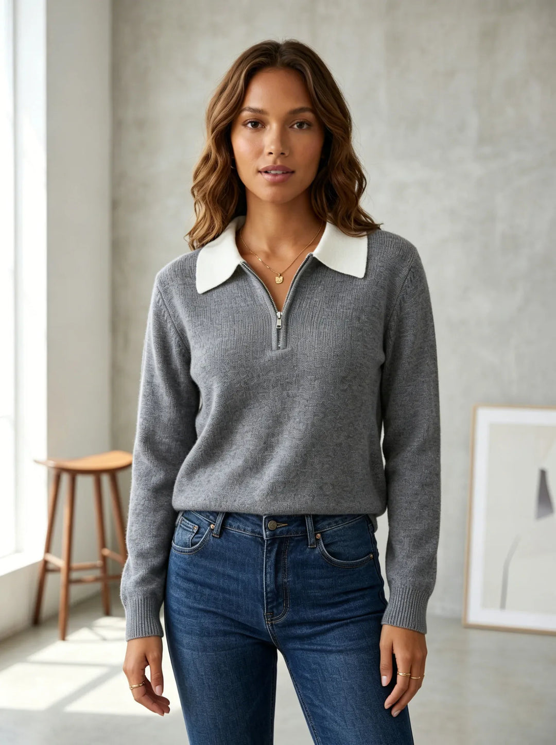 Ingrid | Quarter Zip Knit Sweater with Contrast Collar