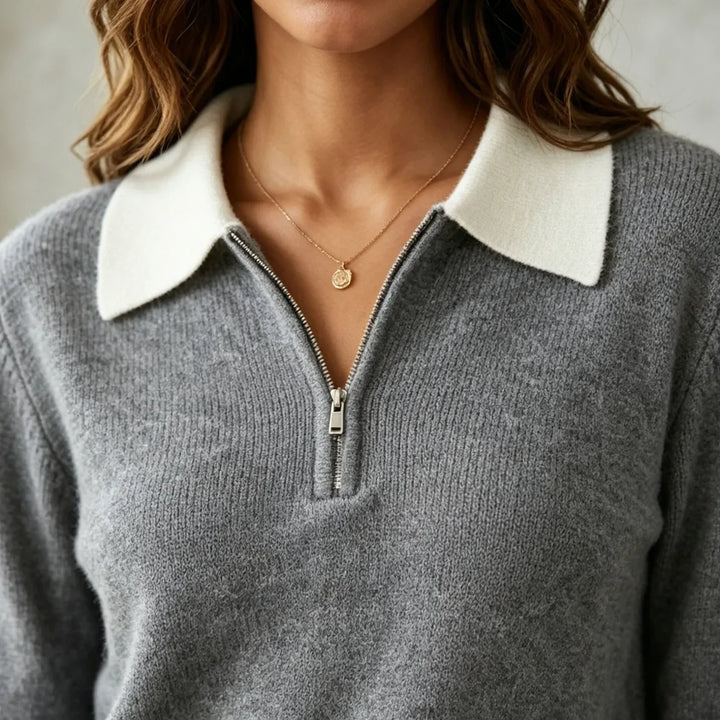 Ingrid | Quarter Zip Knit Sweater with Contrast Collar