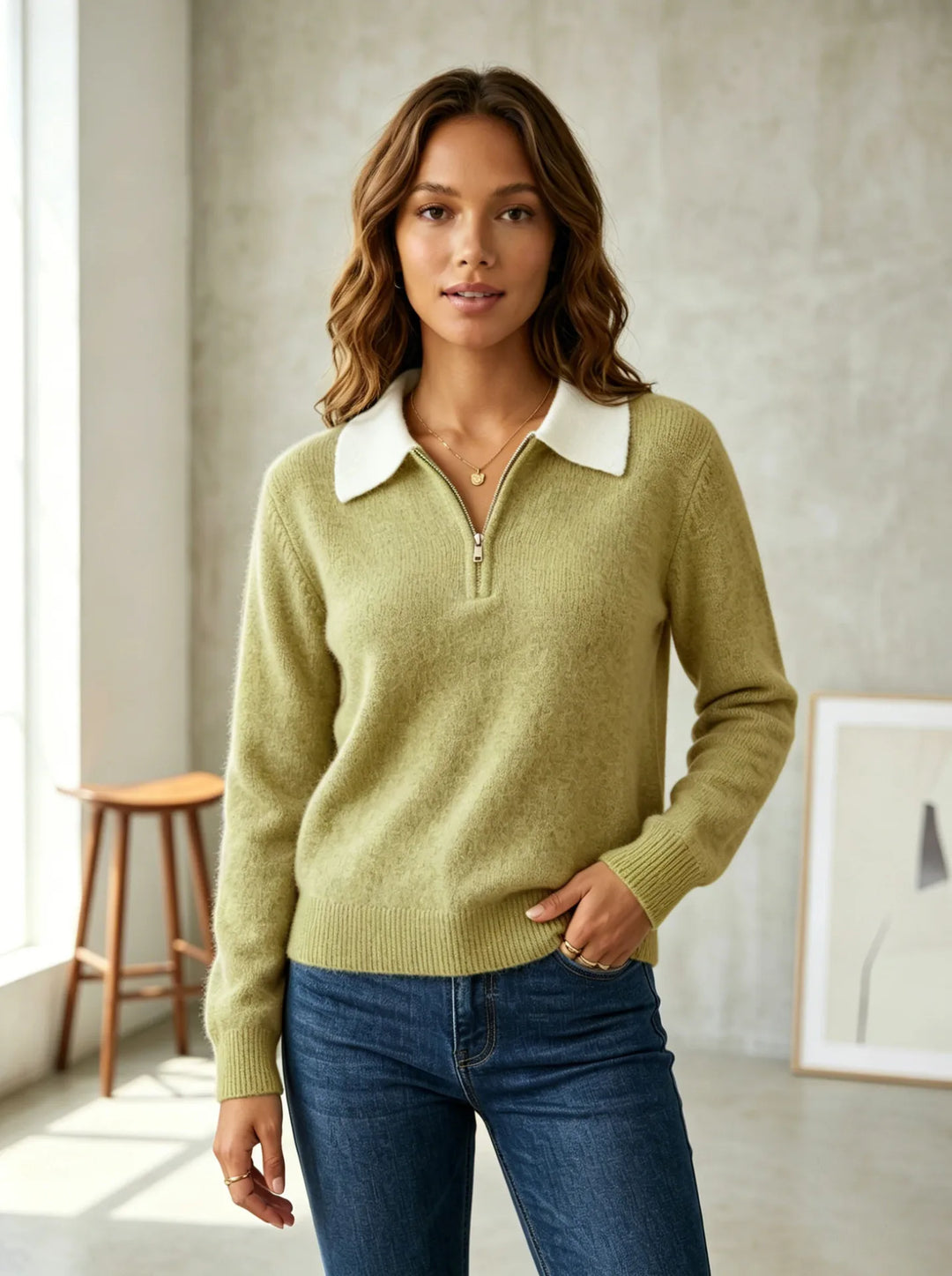 Ingrid | Quarter Zip Knit Sweater with Contrast Collar