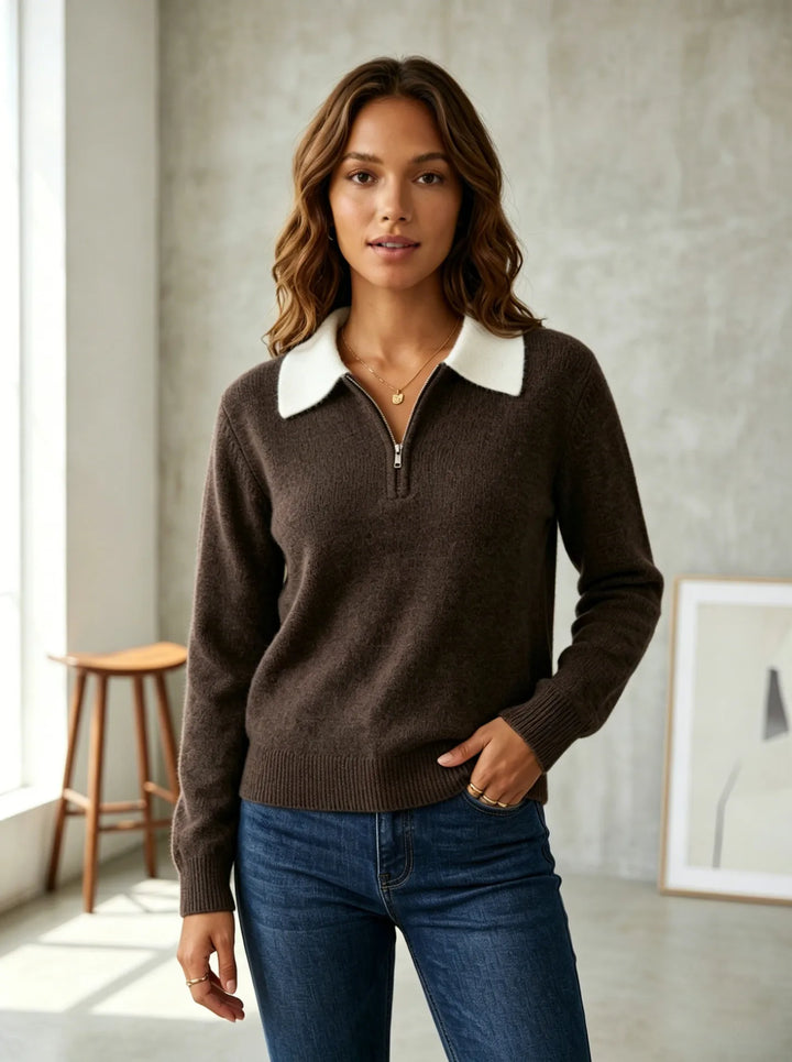 Ingrid | Quarter Zip Knit Sweater with Contrast Collar
