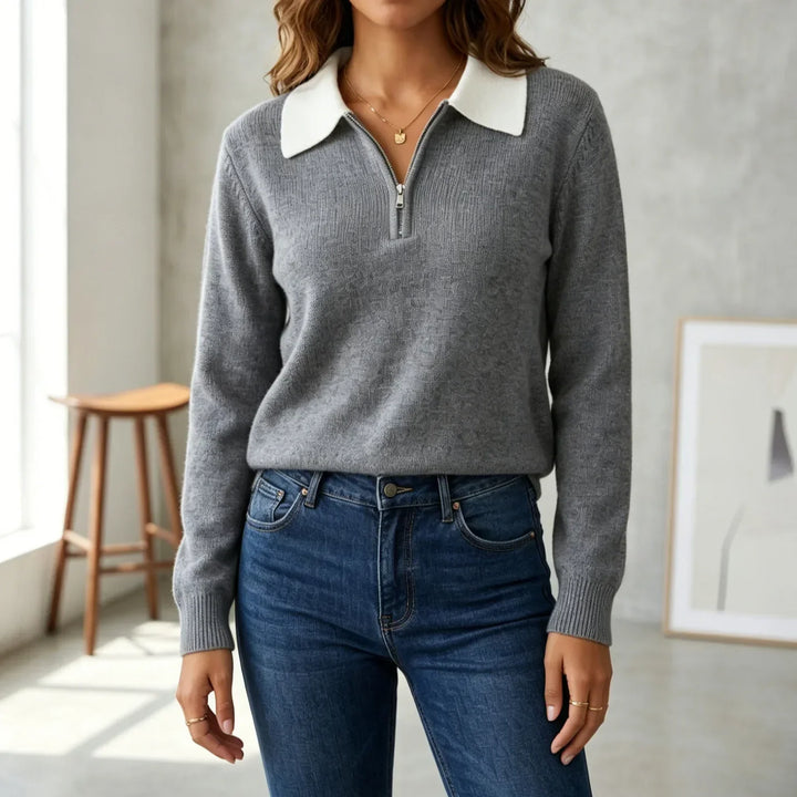 Ingrid | Quarter Zip Knit Sweater with Contrast Collar