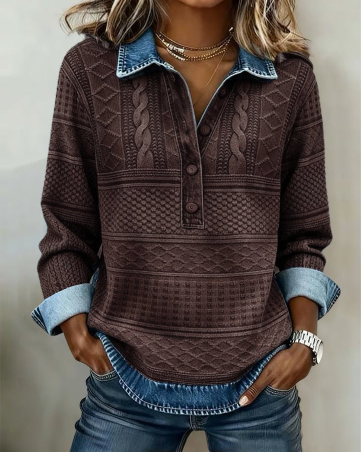Sandra | Relaxed Cable Knit Sweater with Denim Collar