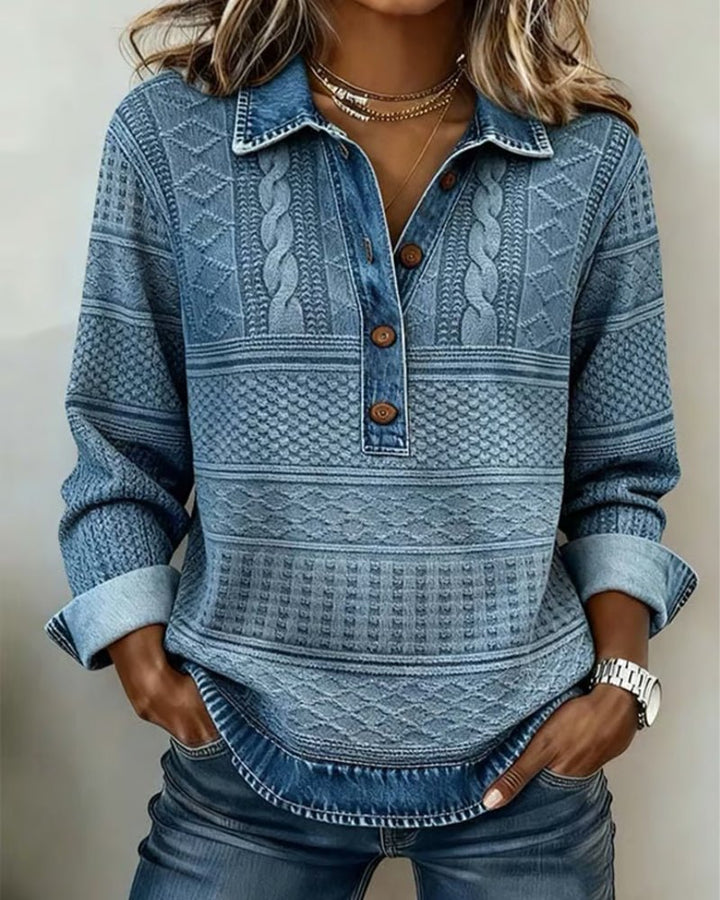 Nadia | Relaxed Cable Knit Sweater with Denim Collar