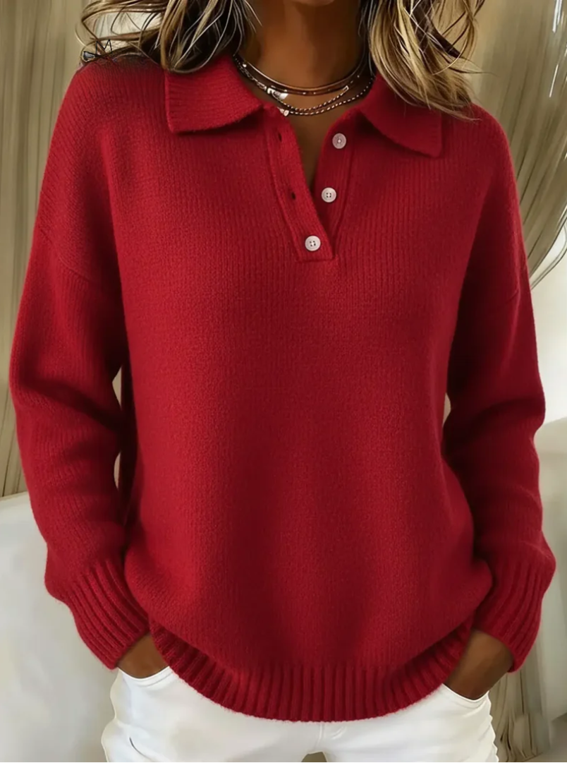 Nellie | Relaxed Cashmere Polo Collar Jumper with Button Neckline