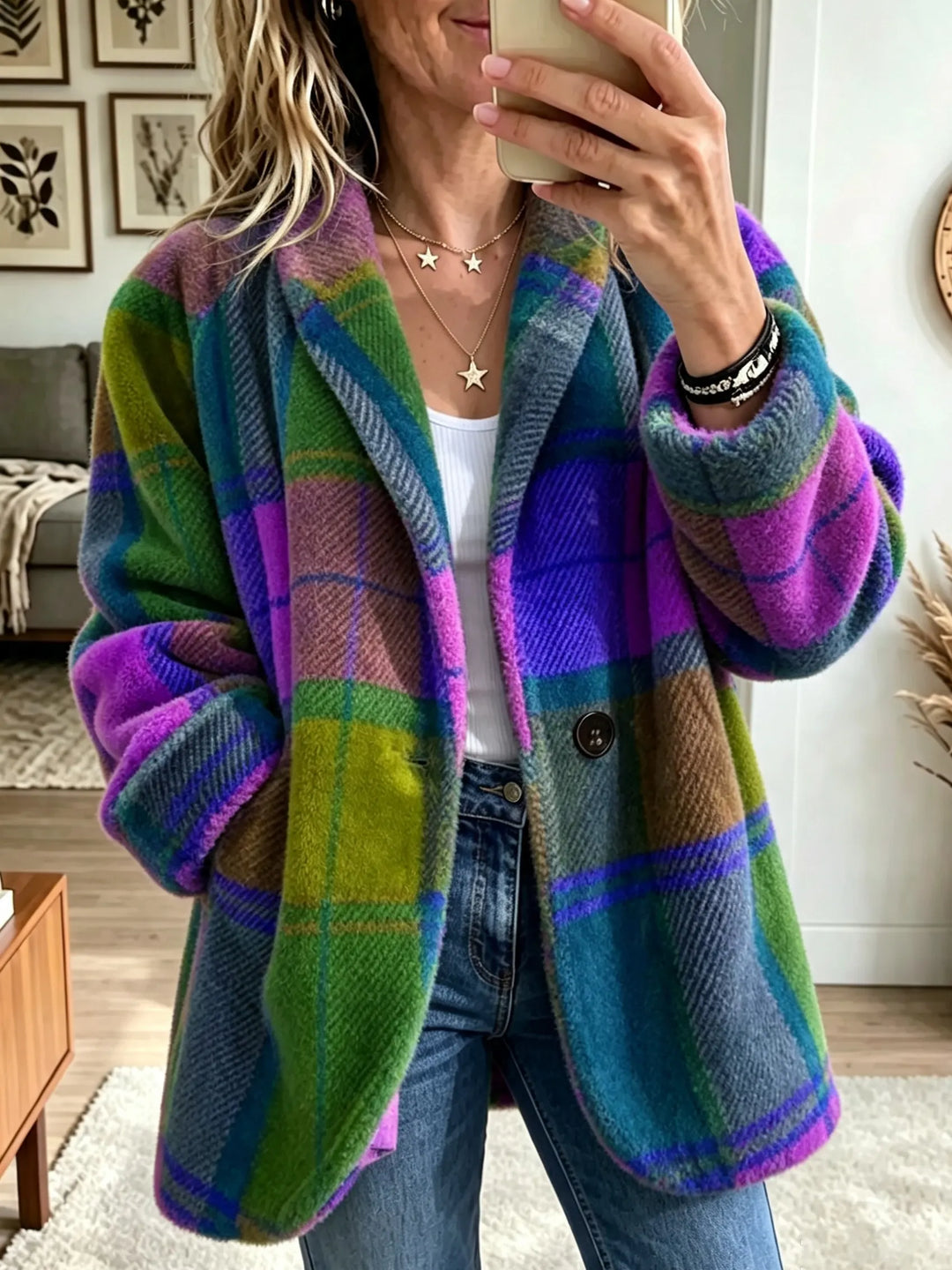 Lorelei | Relaxed Check Fleece Jacket with Colour Block Pattern