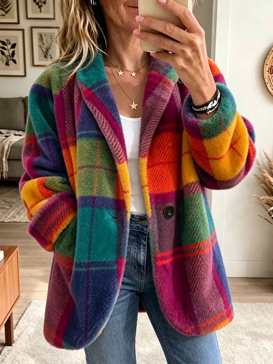 Lorelei | Relaxed Check Fleece Jacket with Colour Block Pattern