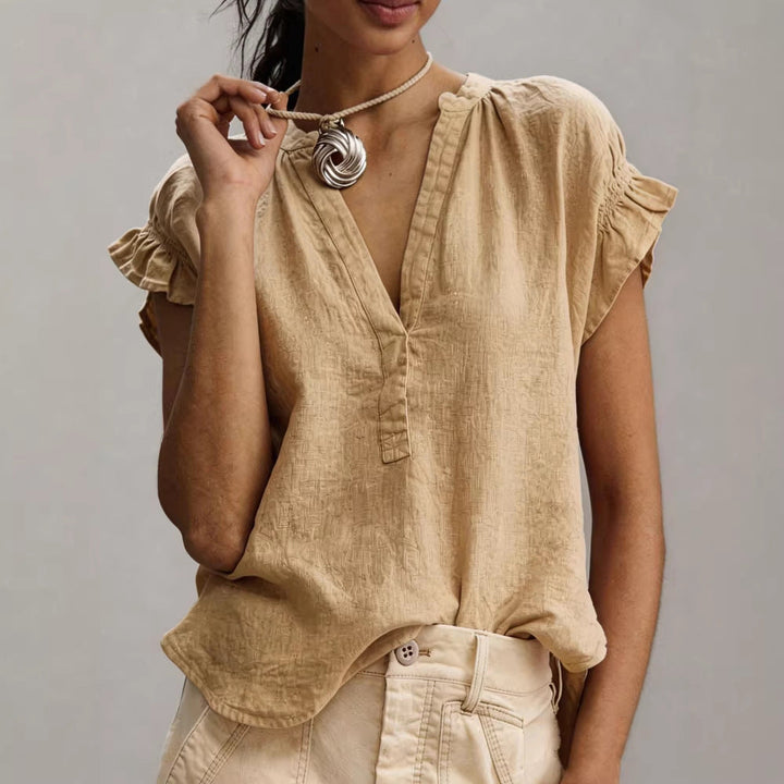 Aurelia | Women's Linen Blouse with V-Neckline and Ruffle Sleeves