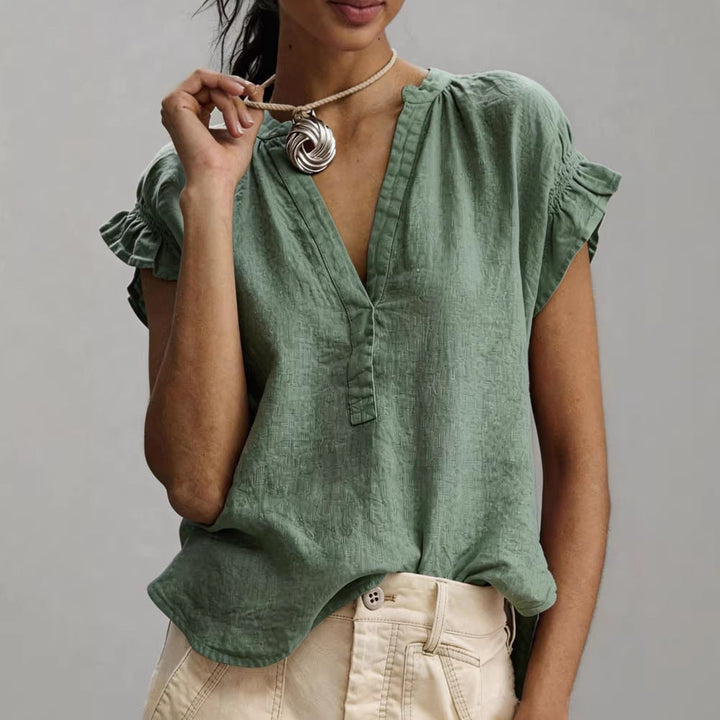 Aurelia | Women's Linen Blouse with V-Neckline and Ruffle Sleeves