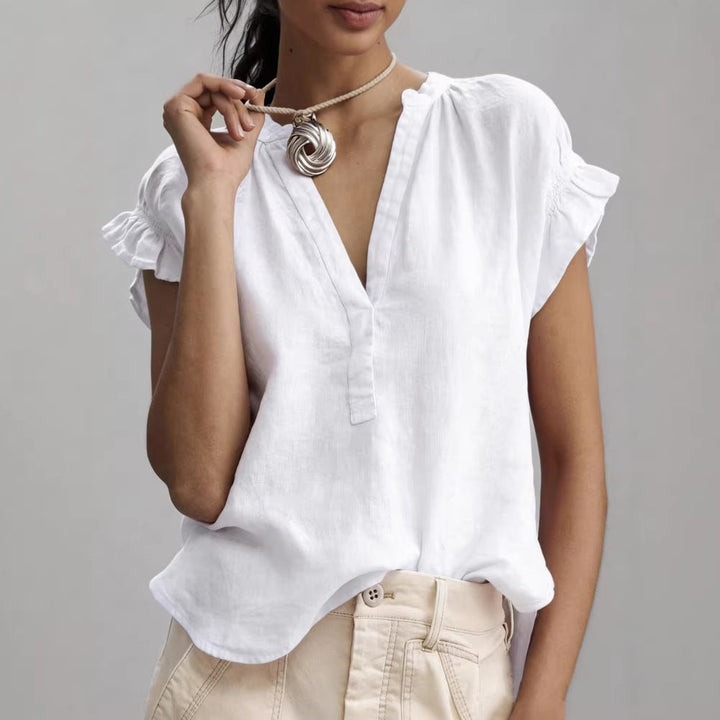 Aurelia | Women's Linen Blouse with V-Neckline and Ruffle Sleeves