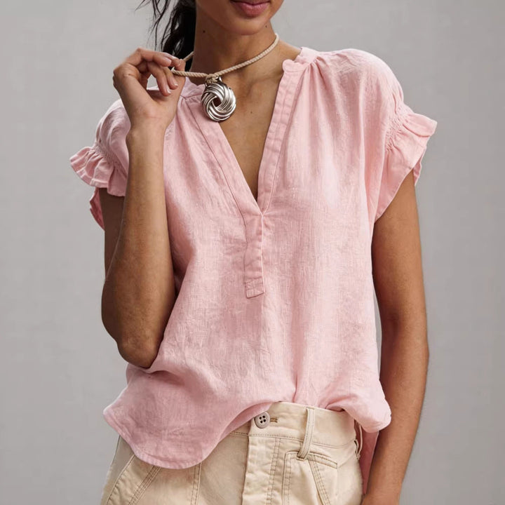 Aurelia | Women's Linen Blouse with V-Neckline and Ruffle Sleeves