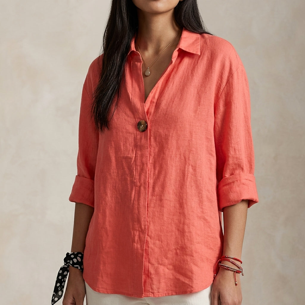 Celia | Women's Linen Blouse with V-Neckline and Single Button