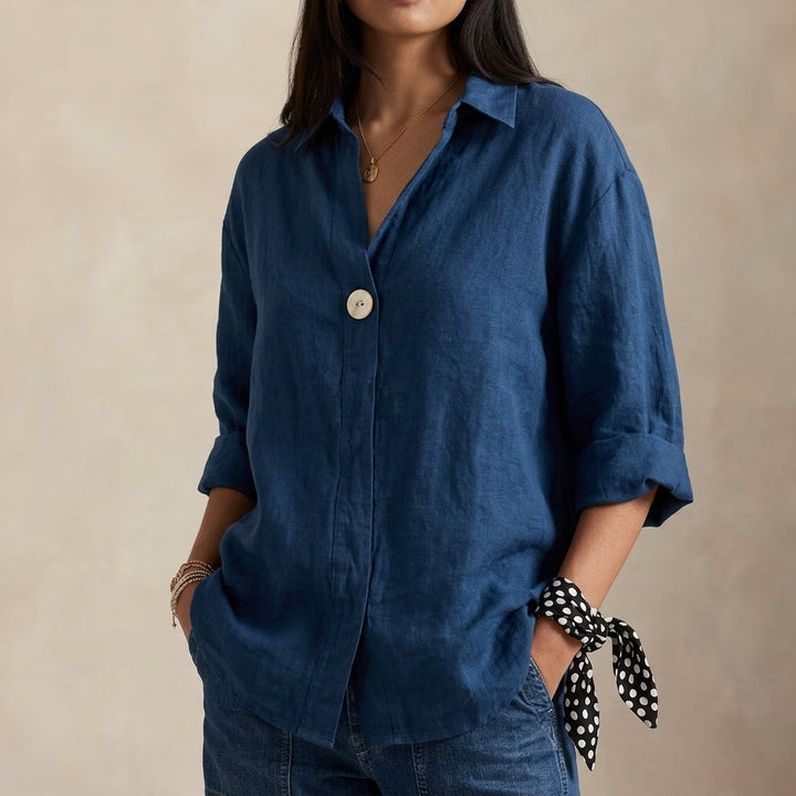 Celia | Women's Linen Blouse with V-Neckline and Single Button