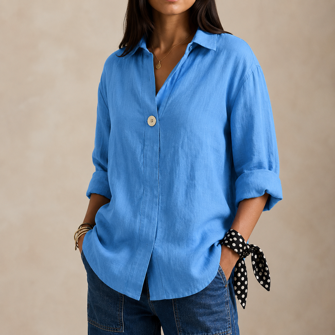Celia | Women's Linen Blouse with V-Neckline and Single Button