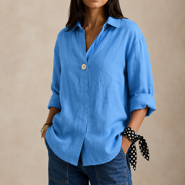 Celia | Women's Linen Blouse with V-Neckline and Single Button