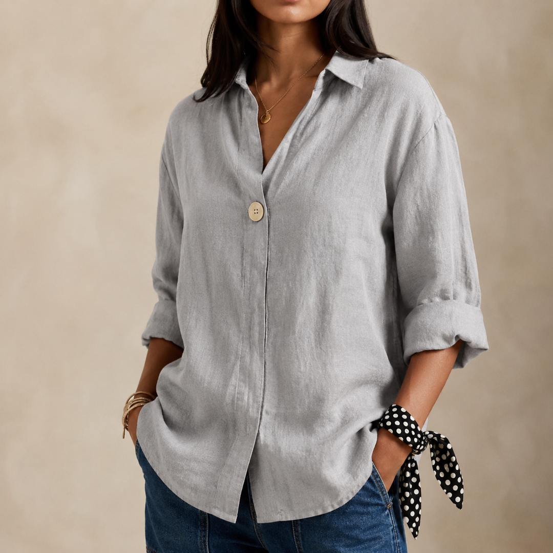 Celia | Women's Linen Blouse with V-Neckline and Single Button