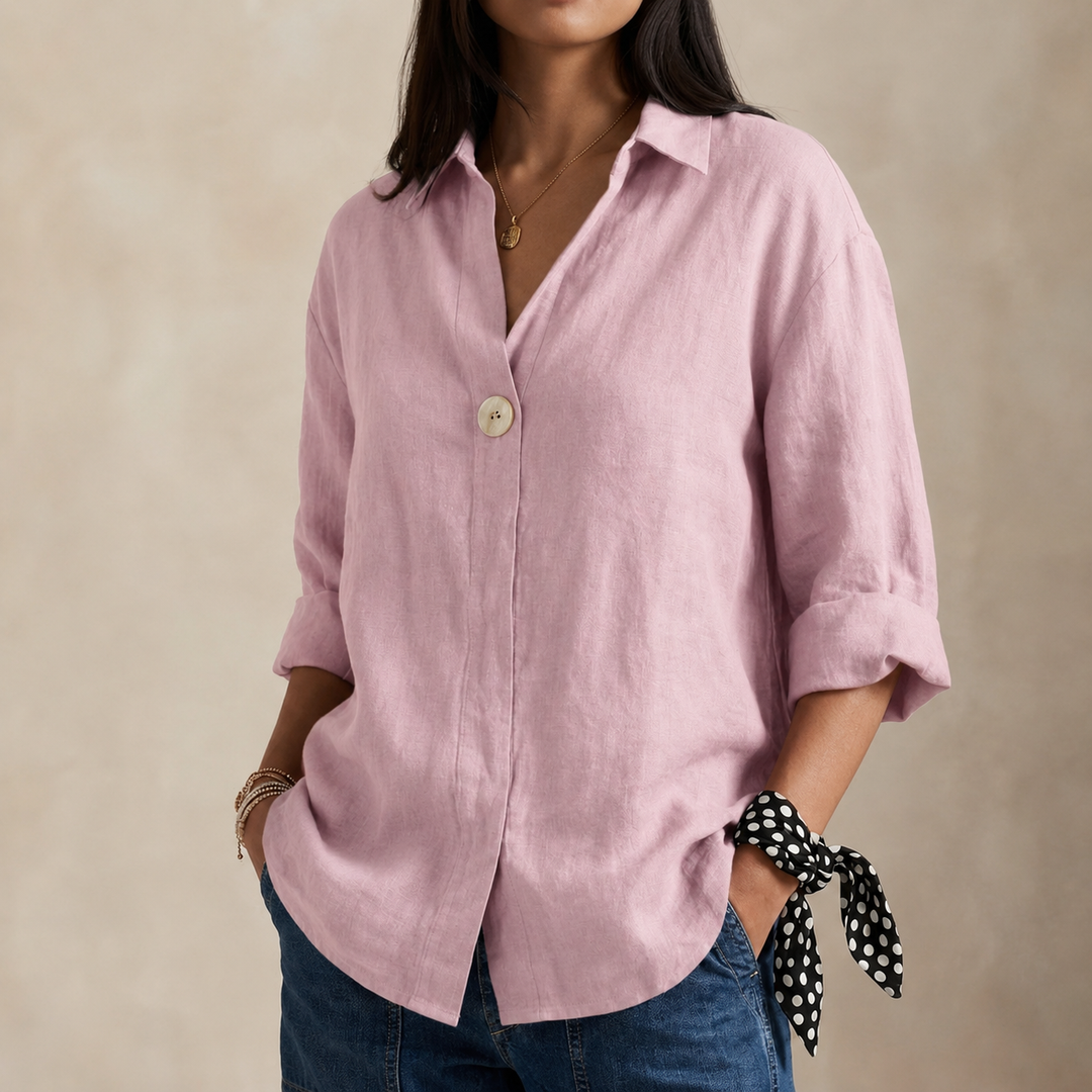 Celia | Women's Linen Blouse with V-Neckline and Single Button