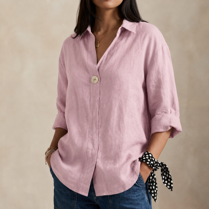 Celia | Women's Linen Blouse with V-Neckline and Single Button