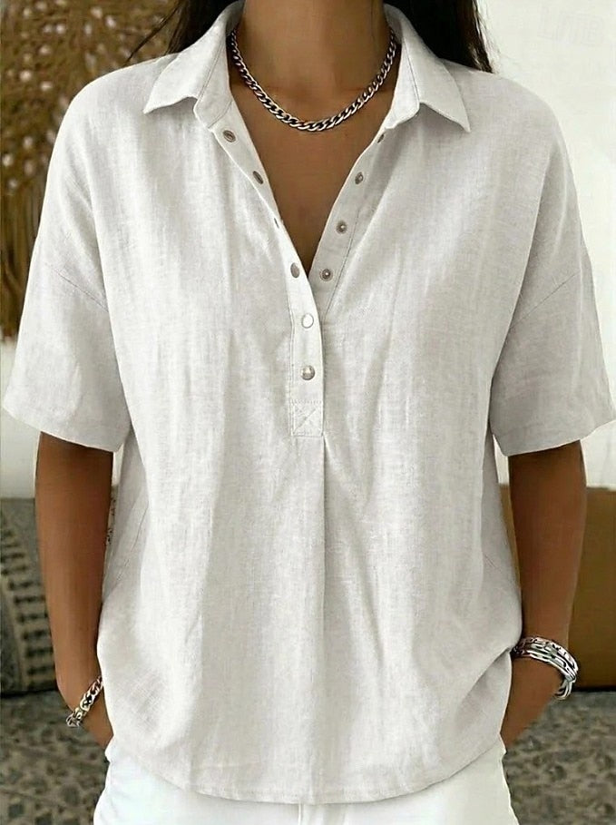 Elsa | Women's Linen Shirt with Collar and Snap Button Placket