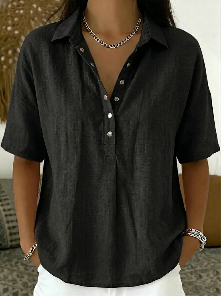 Elsa | Women's Linen Shirt with Collar and Snap Button Placket