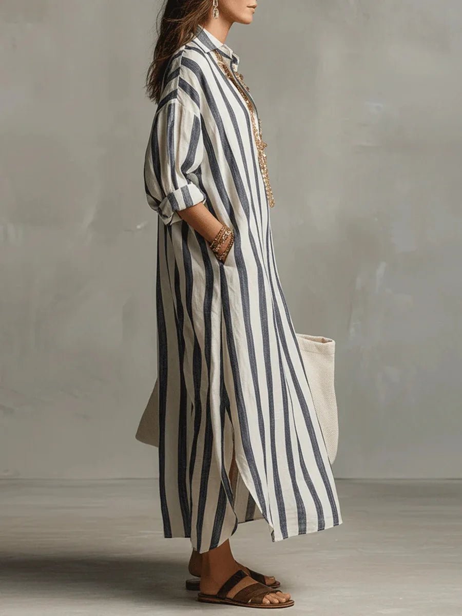 Mallory | Relaxed Striped Linen Maxi Dress with Collar and Long Sleeves