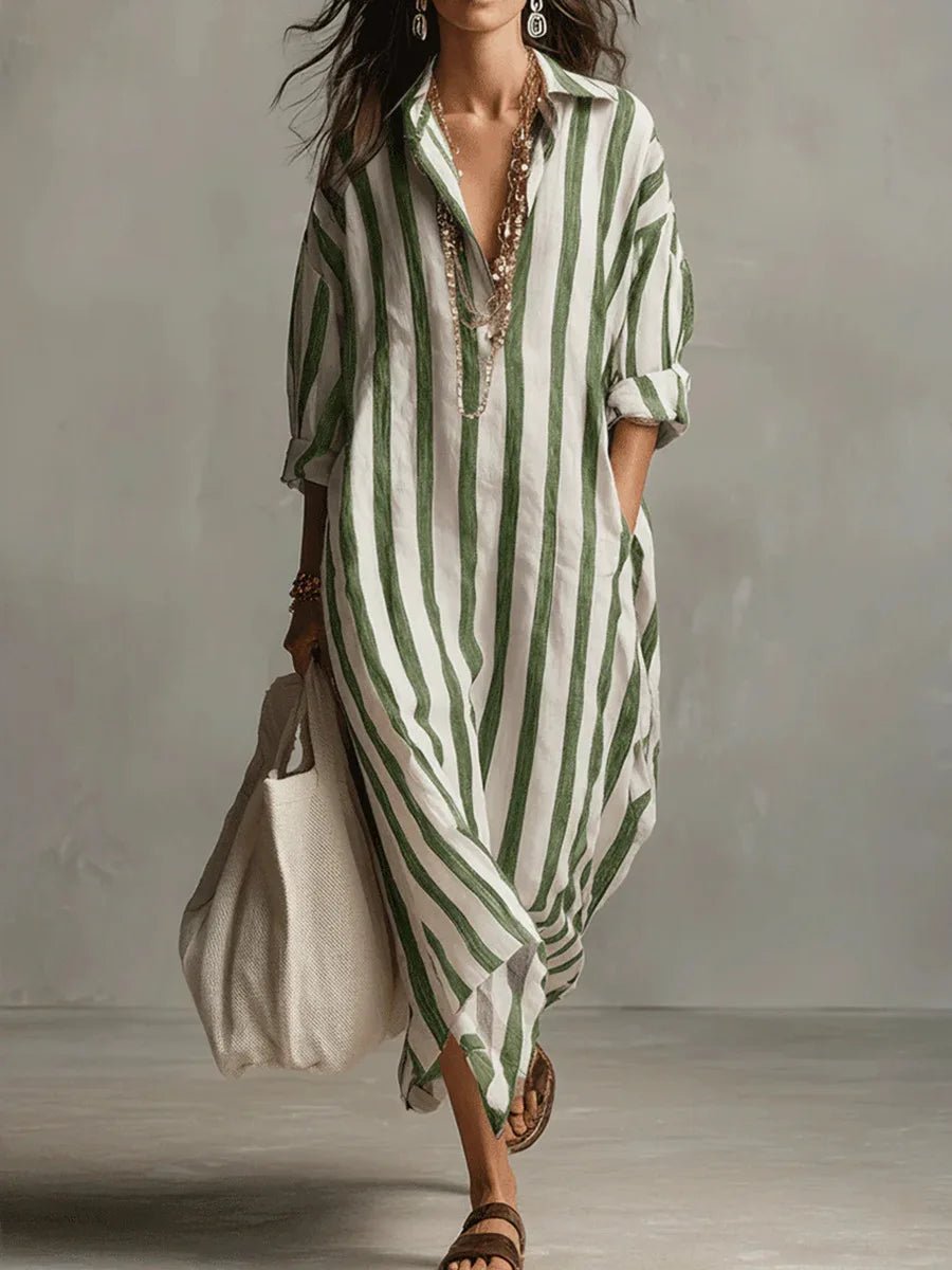 Mallory | Relaxed Striped Linen Maxi Dress with Collar and Long Sleeves