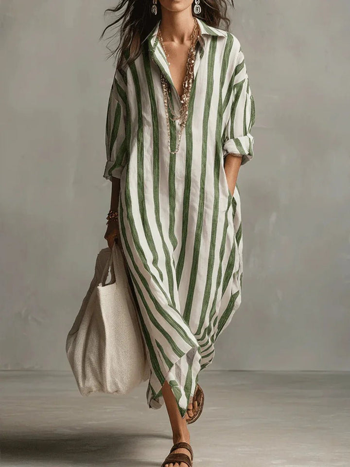Mallory | Relaxed Striped Linen Maxi Dress with Collar and Long Sleeves
