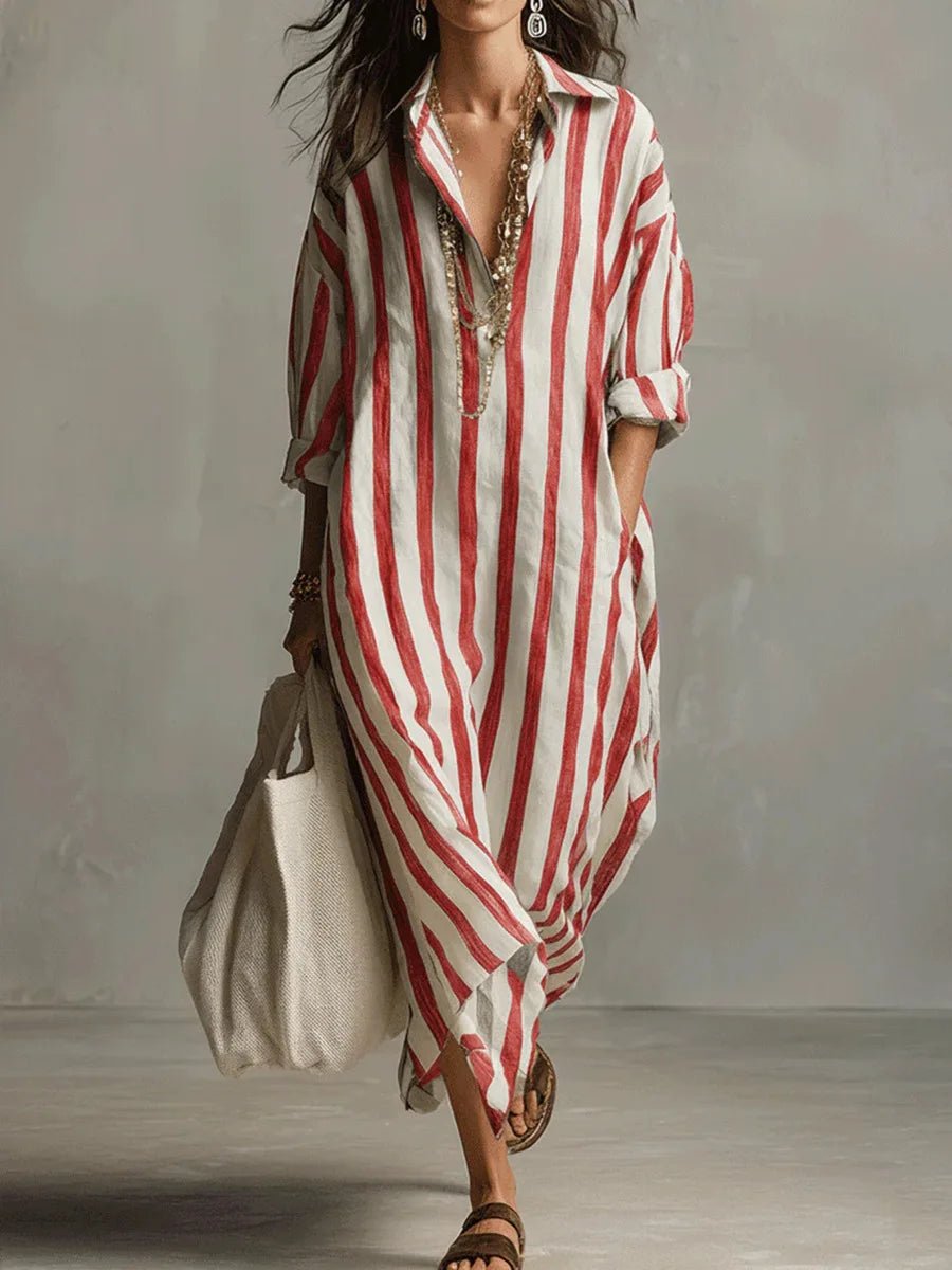 Mallory | Relaxed Striped Linen Maxi Dress with Collar and Long Sleeves