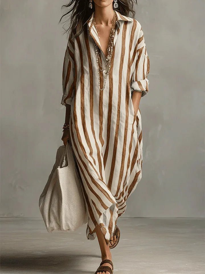 Mallory | Relaxed Striped Linen Maxi Dress with Collar and Long Sleeves