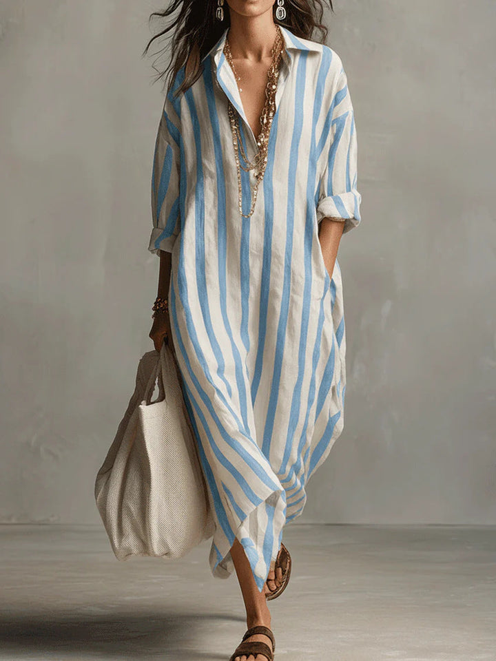 Mallory | Relaxed Striped Linen Maxi Dress with Collar and Long Sleeves