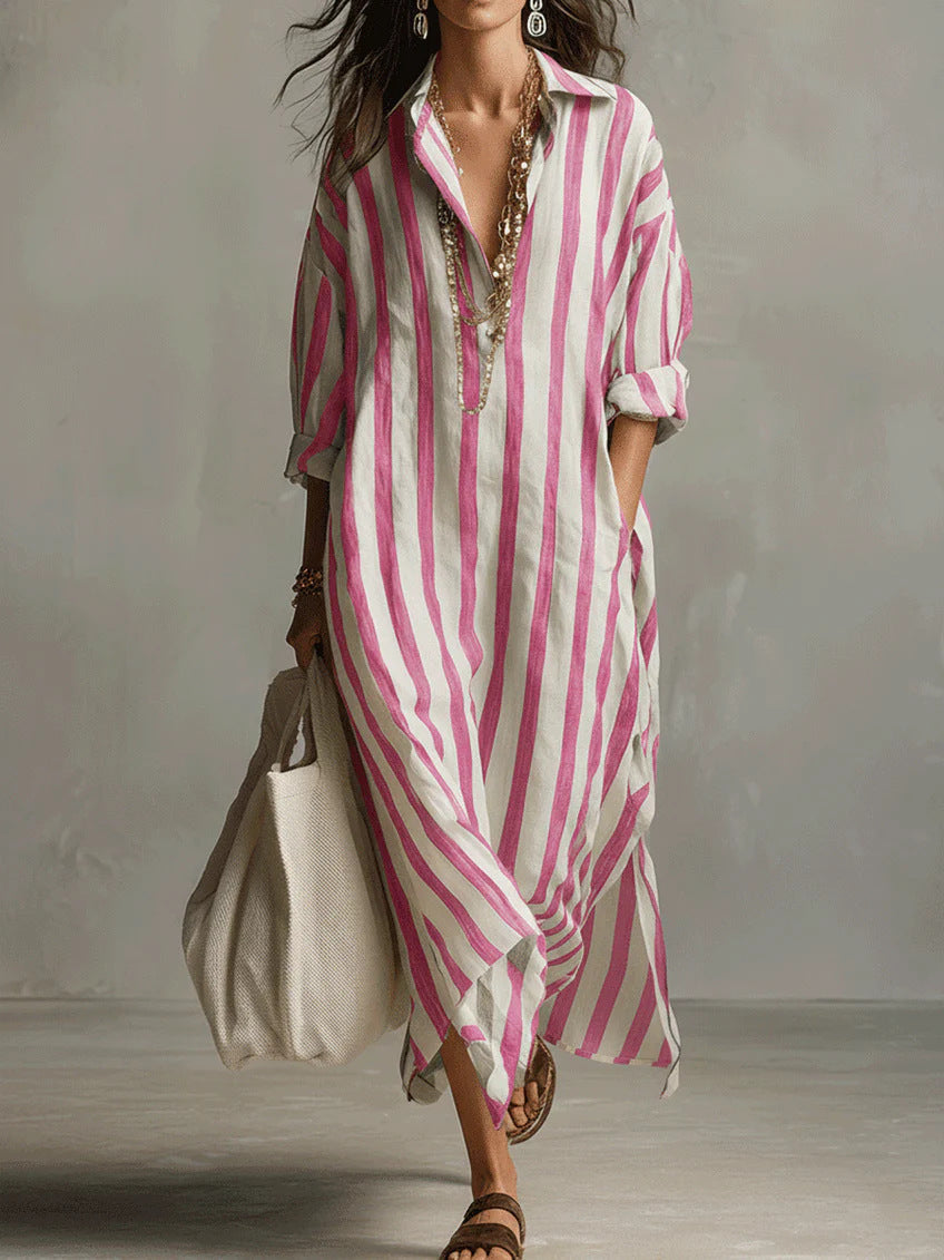 Mallory | Relaxed Striped Linen Maxi Dress with Collar and Long Sleeves