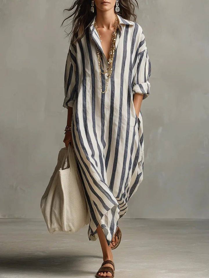 Mallory | Relaxed Striped Linen Maxi Dress with Collar and Long Sleeves