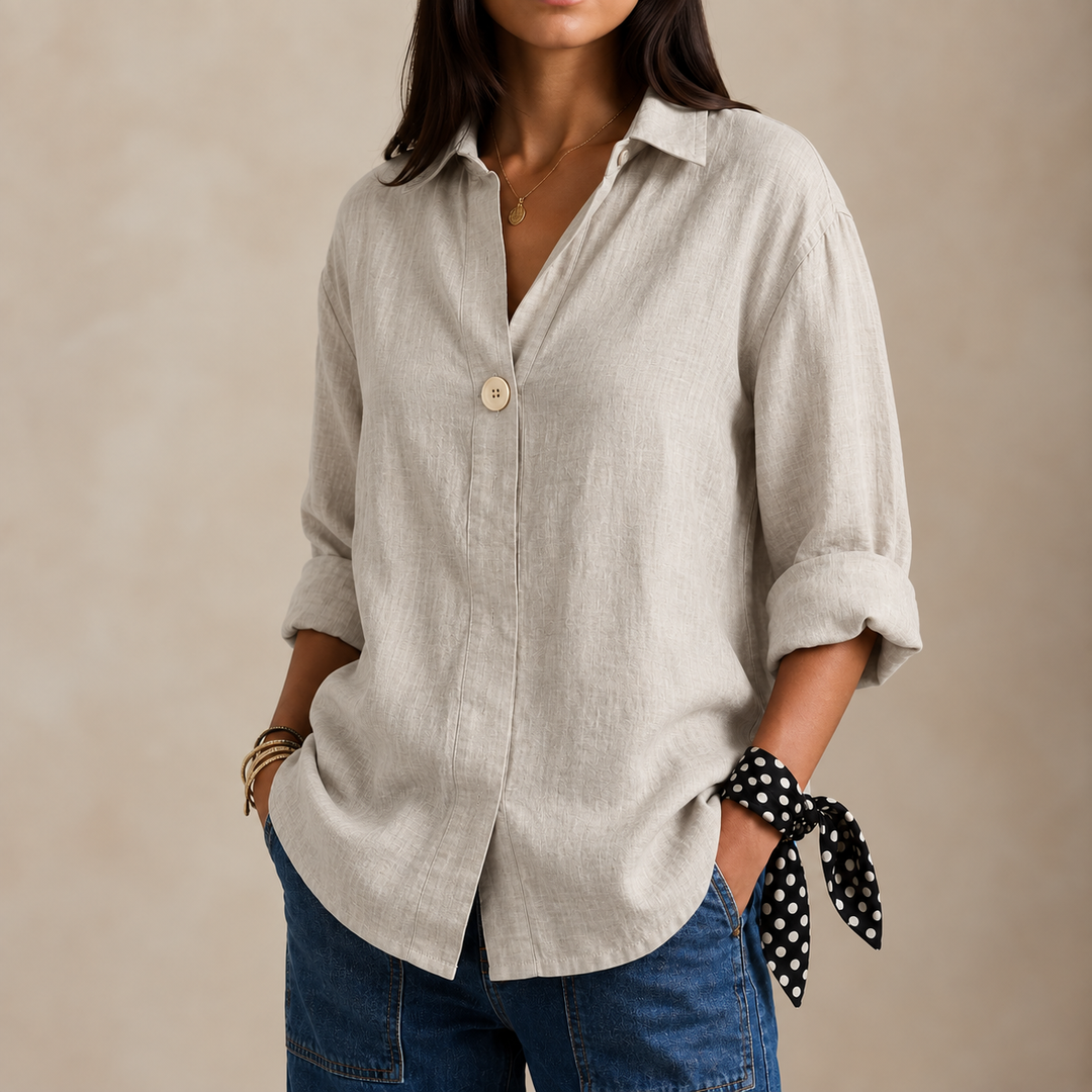 Celia | Women's Linen Blouse with V-Neckline and Single Button
