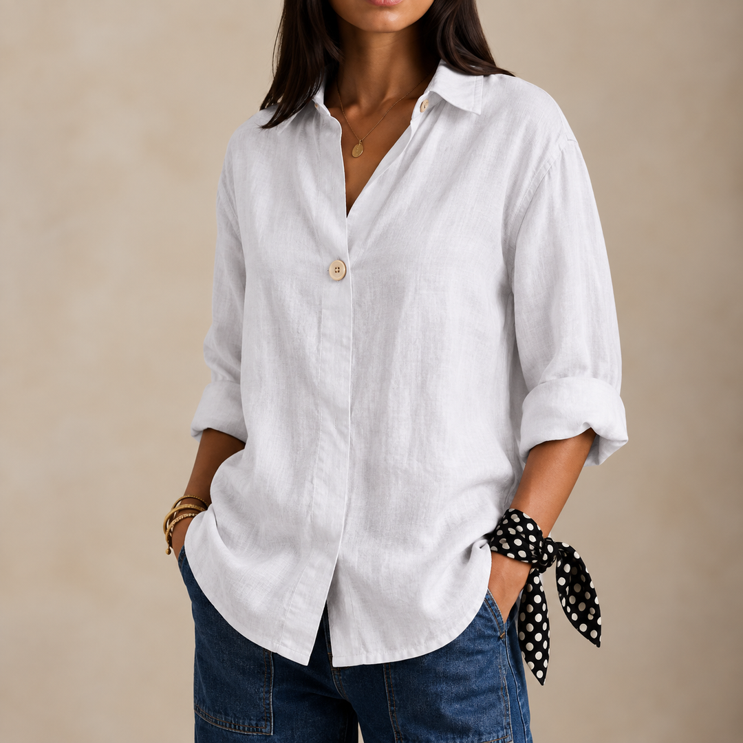 Celia | Women's Linen Blouse with V-Neckline and Single Button