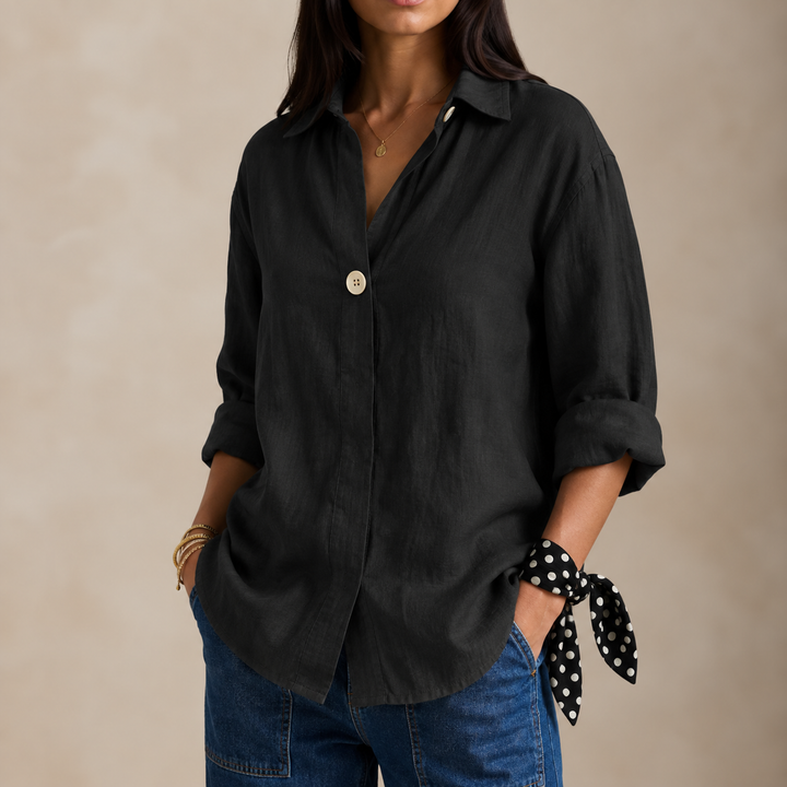 Celia | Women's Linen Blouse with V-Neckline and Single Button