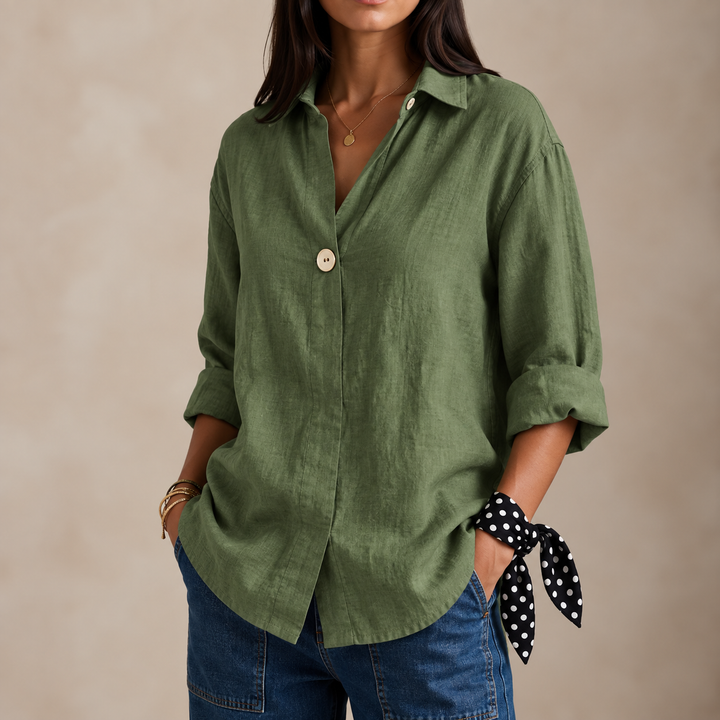Celia | Women's Linen Blouse with V-Neckline and Single Button