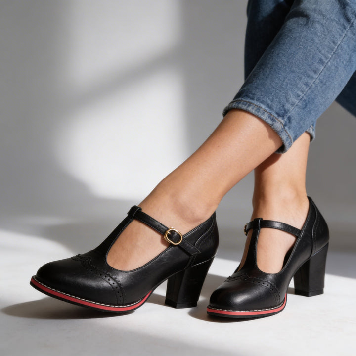 Wendy | Retro Brogue T-Bar Heels with Block Heel