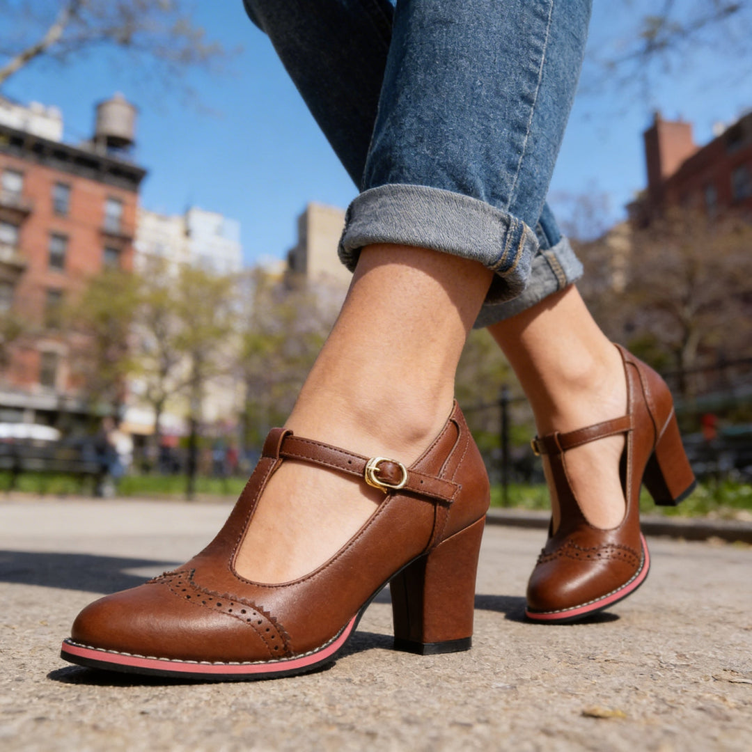 Wendy | Retro Brogue T-Bar Heels with Block Heel