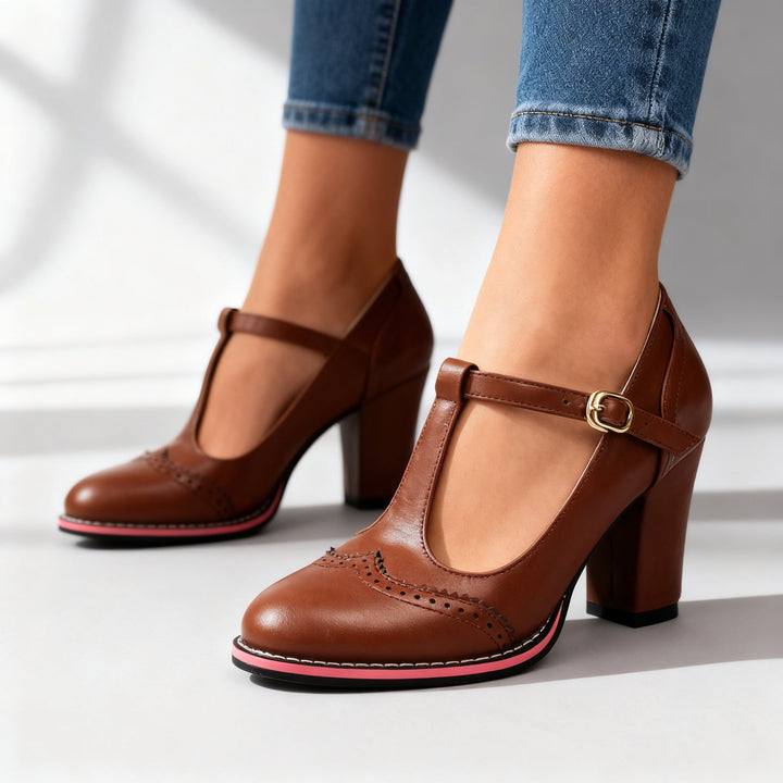 Wendy | Retro Brogue T-Bar Heels with Block Heel