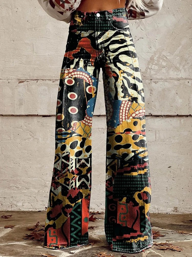 Kiki | Retro Printed Trousers with High Waist and Full Length Flare